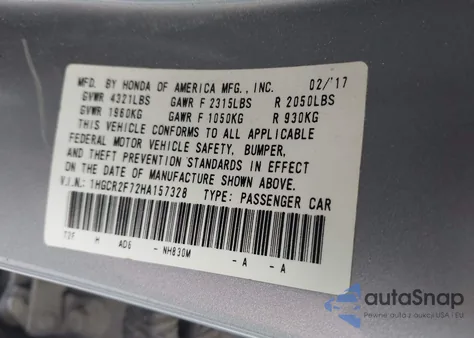 2017 Honda Accord Ex z USA, uszkodzony, nr VIN 1HGCR2F72HA157328